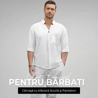 ❄️Set elegant de pantaloni și bluză din două piese din in și bumbac pentru bărbați