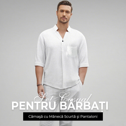 ❄️Set elegant de pantaloni și bluză din două piese din in și bumbac pentru bărbați