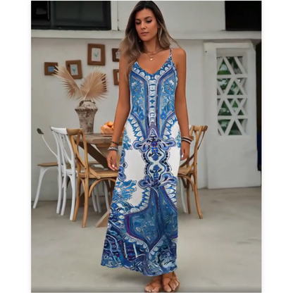 Rochie fără mâneci pentru femei cu imprimeu vintage cu gât în V