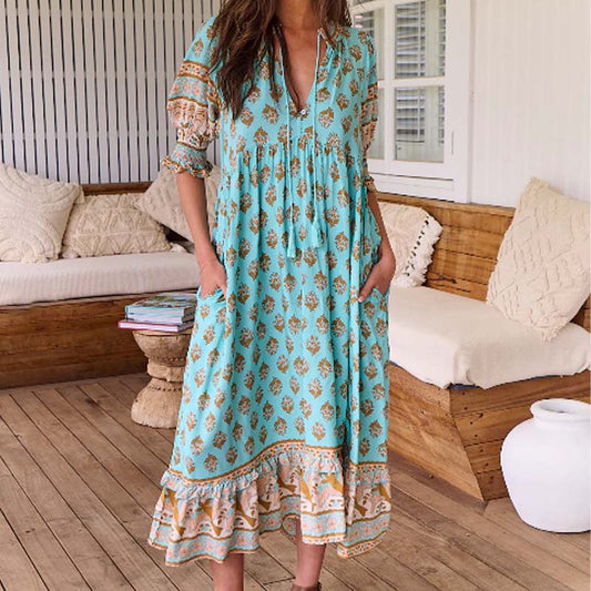 💃Boho florale V gât talie înaltă A-Line Swing rochie