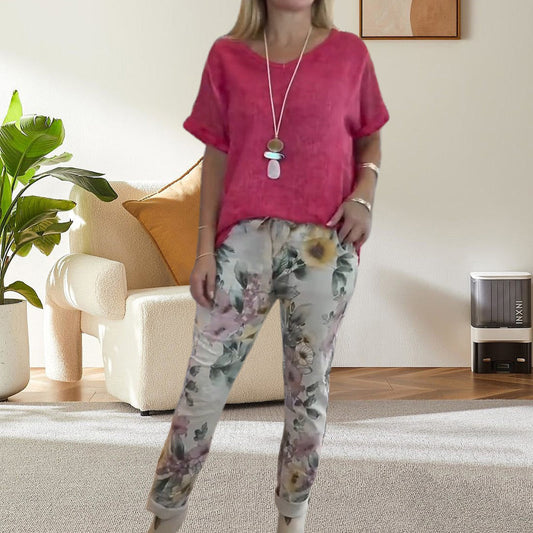 Set din două piese pentru femei - top de culoare solidă și pantaloni casual imprimați