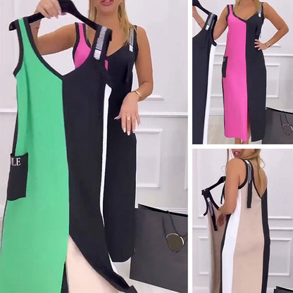 🌸Rochie din jerseu fără mâneci, cu decolteu în V, blocată în culori