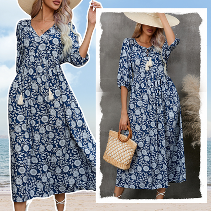 🌸Rochie lungă elegantă pentru femei cu imprimare florală și gât în V