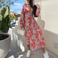 🌸 V-Neck butonul sus maneca lunga florale talie Cinching rochie