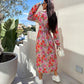 🌸 V-Neck butonul sus maneca lunga florale talie Cinching rochie