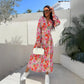 🌸 V-Neck butonul sus maneca lunga florale talie Cinching rochie