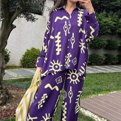 🌻Set de două piese cu imprimare de modă pentru femei (cămașă + pantaloni cu picior larg)