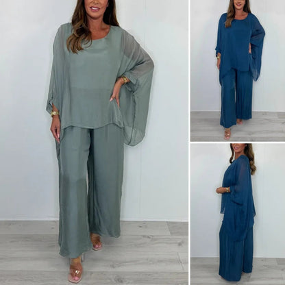 ✨Femeii Elegant Casual Chiffon Top și pantaloni largi Set