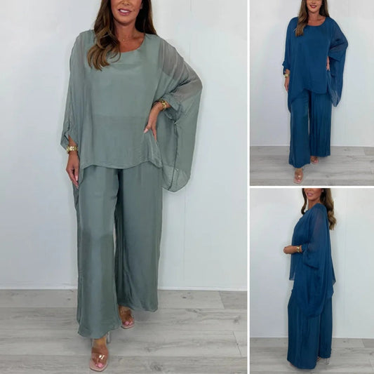 ✨Femeii Elegant Casual Chiffon Top și pantaloni largi Set