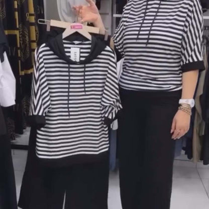Top cu dungi casual pentru femei și set de pantaloni solizi