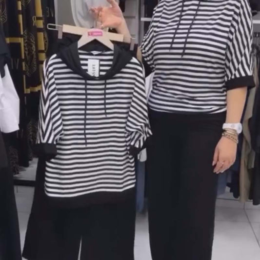 Top cu dungi casual pentru femei și set de pantaloni solizi