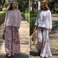 🌸top de culoare solidă + pantaloni imprimați cu picior lat.
