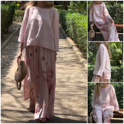 🌸top de culoare solidă + pantaloni imprimați cu picior lat.