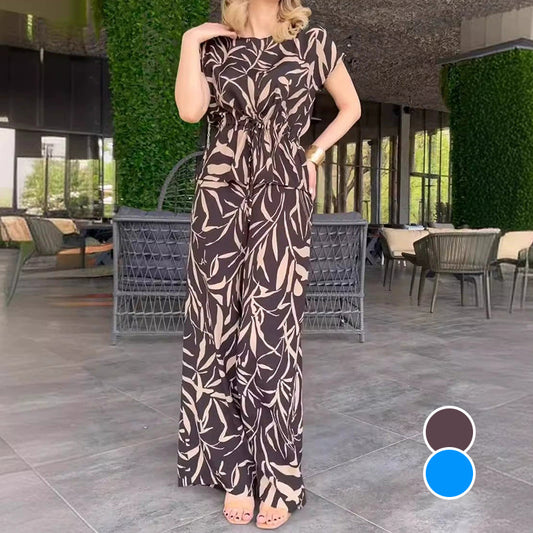 Bluză imprimată cu cordon și pantaloni cu picior lat, set din două piese