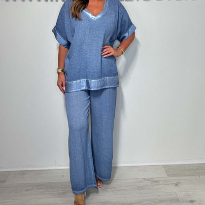 💗Set din două piese din bumbac și in pentru femei (top cu mânecă scurtă + pantaloni cu picior larg)