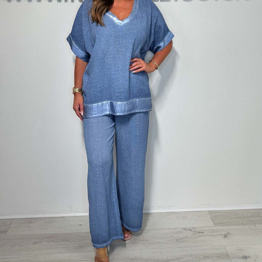 💗Set din două piese din bumbac și in pentru femei (top cu mânecă scurtă + pantaloni cu picior larg)
