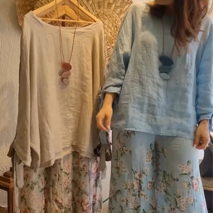 🌺 Set lejer cu bluză și pantaloni evazați cu imprimeu floral