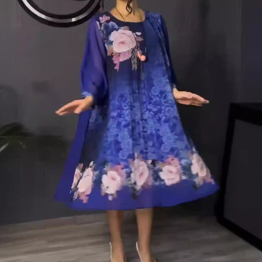 🌺Femei florale imprimare rotund gât Mesh maneca rochie