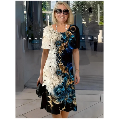 💖Rochie cu mânecă scurtă și gât rotund imprimată