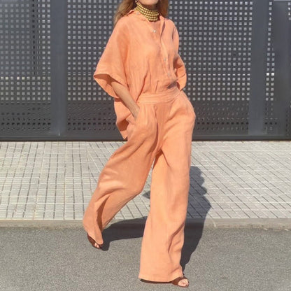 🌿Set din două piese de cămașă din bumbac și in și pantaloni cu picioare largi pentru femei