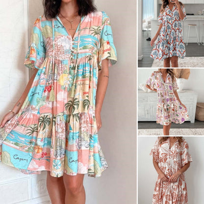 🥰Rochie cu imprimeu floral cu mânecă scurtă și decolteu în V