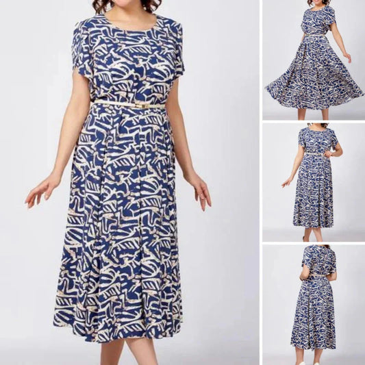 👗 Rochie fluidă cu mânecă scurtă și cu curea pentru femei cu imprimare albastră trendy