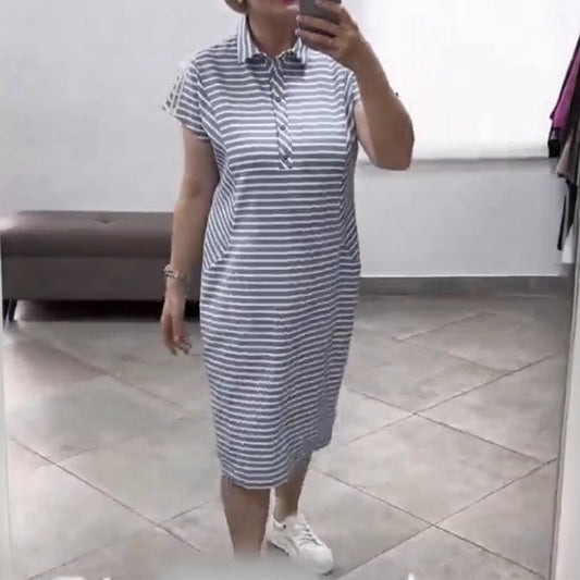 ✨Rochie de buzunar cu mânecă scurtă, dungată, pentru femei