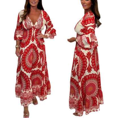 👗 Rochie elegantă cu decolteu în V, cu imprimeu retro liber