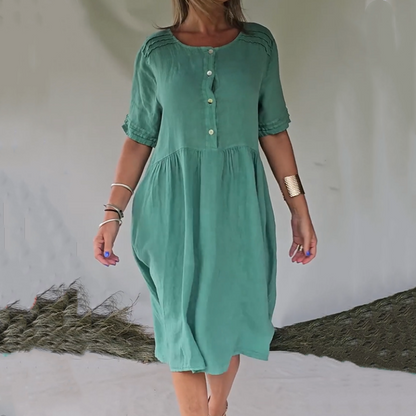 💘 Rochie de cămașă din bumbac și in cu mânecă scurtă în stil vintage