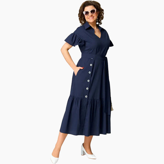 ✨Rochie de cămașă cu mânecă scurtă cu rever și tiv cu volane