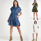 👗Femeii Lapel scurt maneca plisat butonul în jos rochie