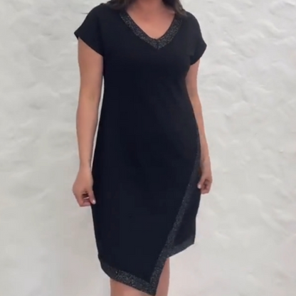 Rochie patchwork elegantă cu mânecă scurtă și gât în V
