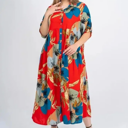 🌸rochie lungă cu guler revers, imprimeu și nasturi pentru femei