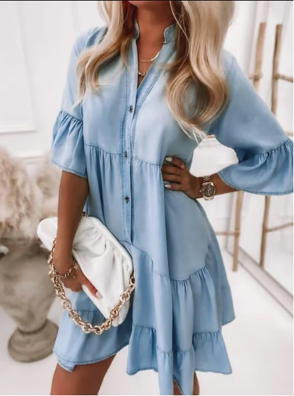 👗Rochie de vară cu decolteu în V și volane - aspect ușor Denim