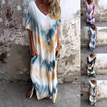 💃Casual Loose Tie-Dye imprimate V-Neck rochie lungă