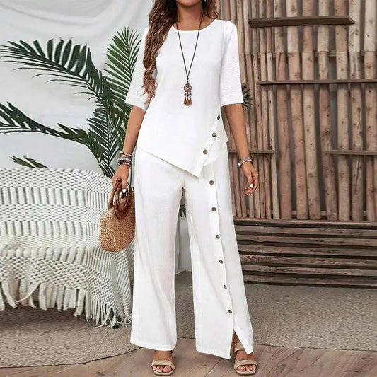 💖Top cu tiv neregulat pentru femei și pantaloni cu picior larg, set din două piese