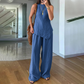 🌿Set tricou și pantaloni fără mâneci cu tiv neregulat din bumbac și in