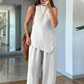 🌿Set tricou și pantaloni fără mâneci cu tiv neregulat din bumbac și in