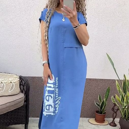 Rochie largă pentru femei, cu mâneci scurte și fantă laterală