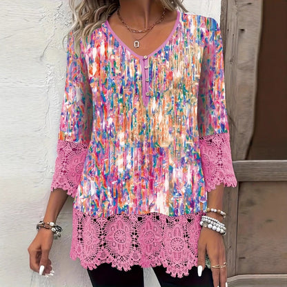 🥰Top cu gât în V cu dantelă imprimată colorată 7/10 cu mânecă