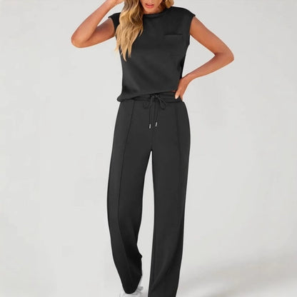 Top casual fără mâneci și pantaloni cu cordon pentru femei, set din două piese