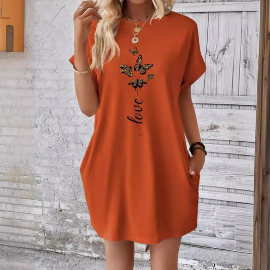 🔥 Rochie casual cu buzunar brodat cu fluturi