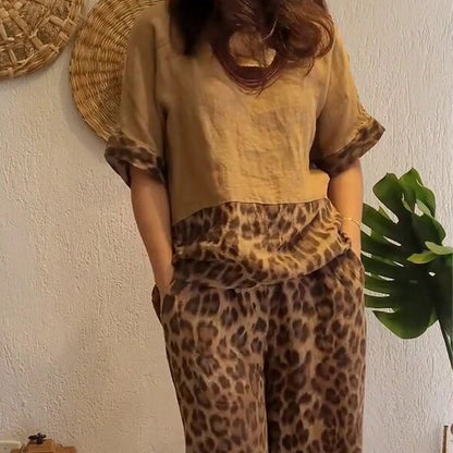 Top elegant cu imprimeu leopard cu mânecă scurtă + set de pantaloni cu picioare largi