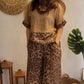 Top elegant cu imprimeu leopard cu mânecă scurtă + set de pantaloni cu picioare largi