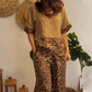 Top elegant cu imprimeu leopard cu mânecă scurtă + set de pantaloni cu picioare largi