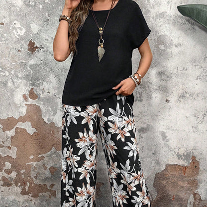 💕Set din două piese: pantaloni casual pentru femei cu picior lat + top cu mânecă scurtă