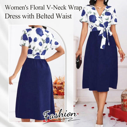 💞Rochie florală cu decolteu în V, cu talie cu centură, pentru femei