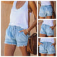 Pantaloni scurți din denim cu franjuri și cordon cu talie înaltă
