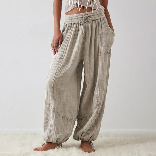 Pantaloni casual pentru femei cu picior lat, elastici, cu buzunare