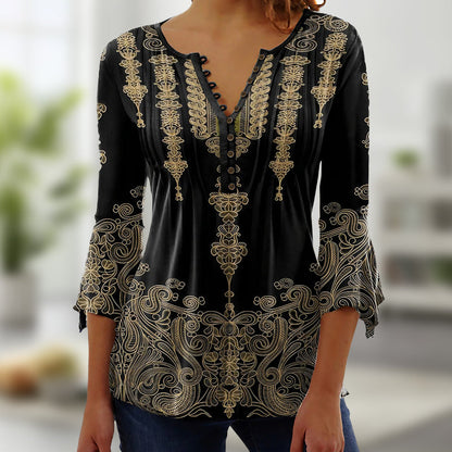 👚Vintage Print V-neck Flared Sleeve Shirt